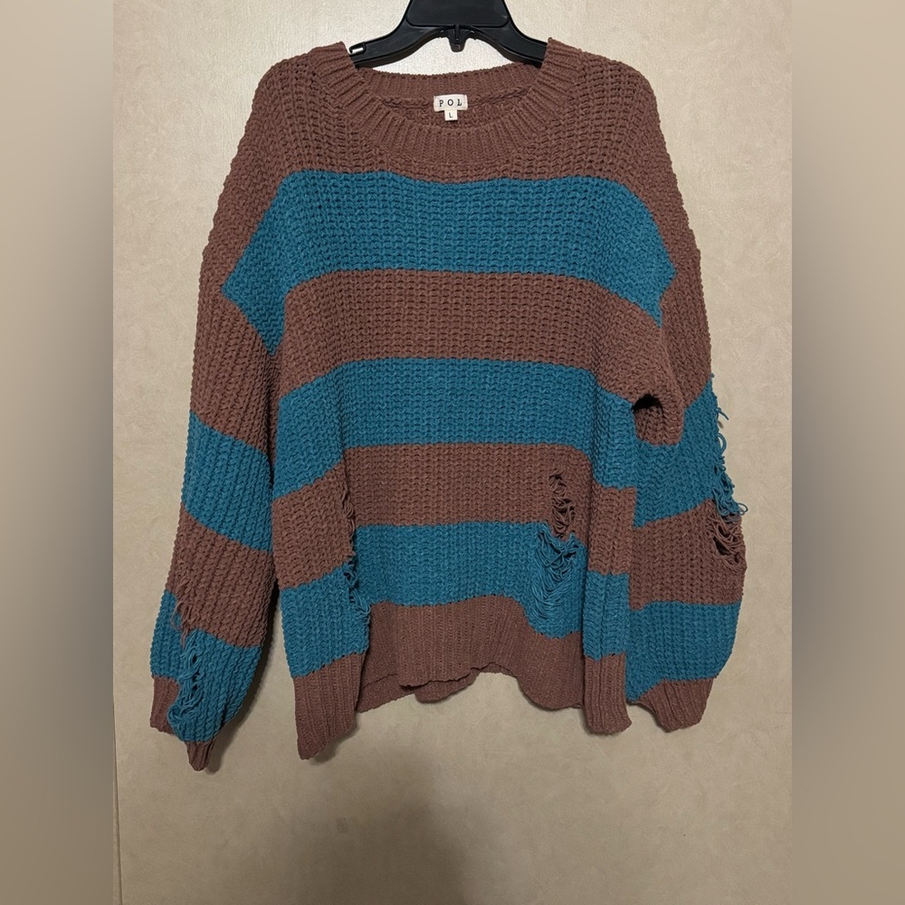 POL Striped Knit Sweater in Brown and Teal